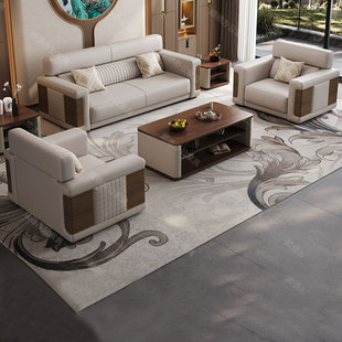 办公室沙发简约贵宾商务会议洽谈接待室高档真皮三人沙发茶几组合