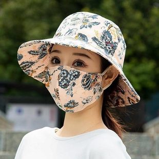新款 夏季 口罩一体防晒帽遮阳大沿干活紫外线采茶太阳渔夫帽女妈妈