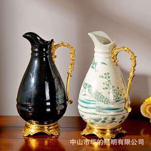 欧式高档陶瓷镶铜单耳茶壶摆件插花美式家居客厅餐厅奶壶装饰品