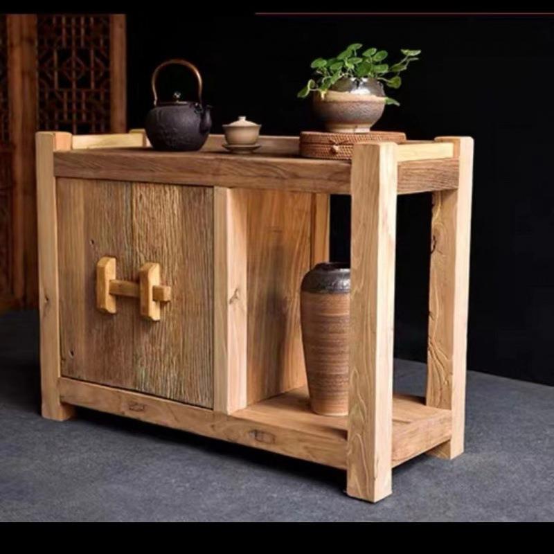 中式实木茶水柜北方老榆木角边柜可放水桶茶水柜茶桌茶台组合柜