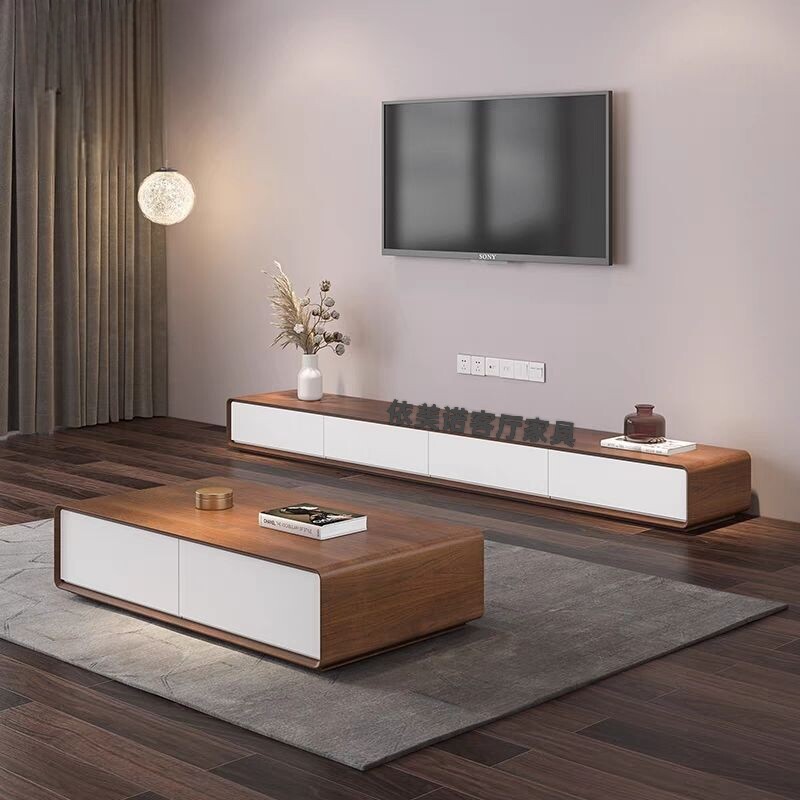 落地实木电视柜茶几组合小户型客厅简 约现代高端胡桃色电视机柜