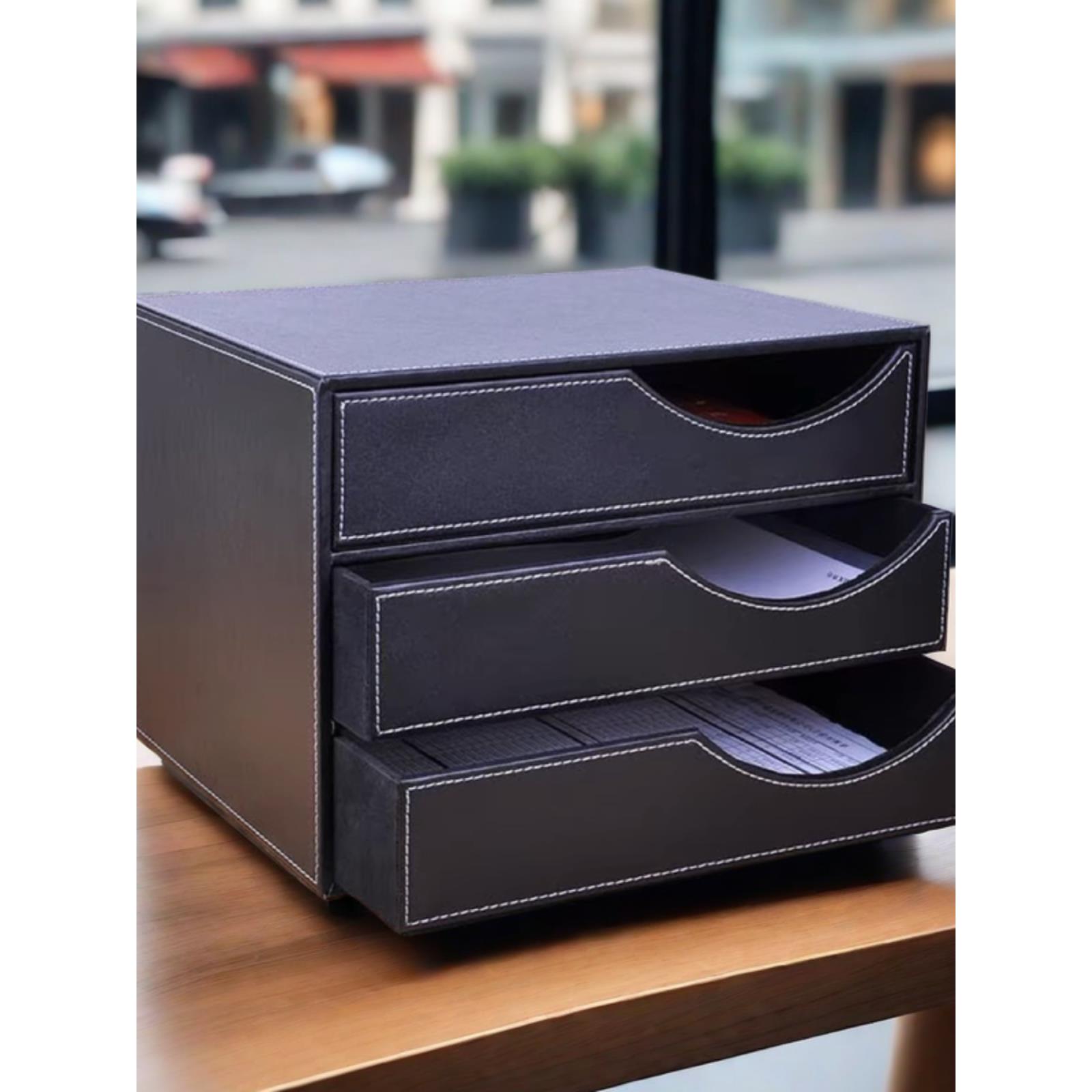 皮革桌面收纳箱A4信息架组织者箱抽屉式三层文件箱办公桌收纳柜