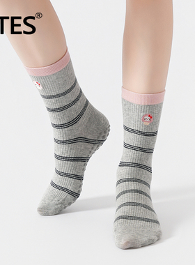 MTES瑜伽袜子防滑专业女普拉提专用袜猫咪白色室内运动训练中筒袜