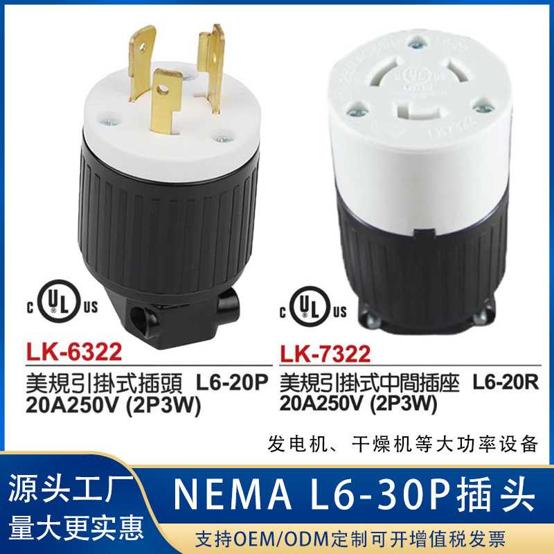美标插头引挂式防脱落L6-20P250V