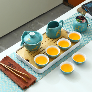 功夫茶杯家用简约办公室陶瓷泡茶壶现代简约户外茶盘 旅行茶具套装