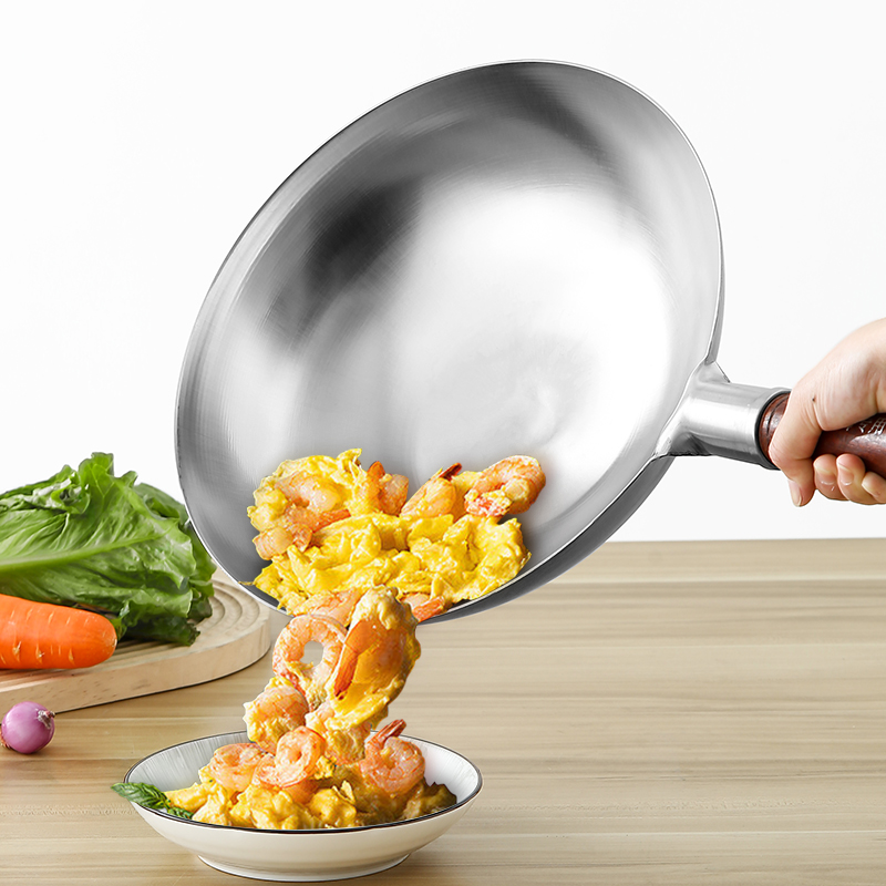 不锈钢木柄单柄炒j锅圆底厨师炒菜锅钢锅商用中式锅爆炒锅燃气灶
