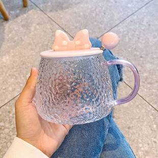 ins颜杯风高蝴蝶结锤值耐热玻勺璃杯子带盖带子马克杯女生办公室