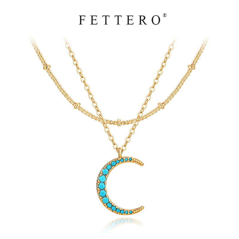 fettero高级设计感金色双层松石月亮项链女款叠戴锁骨链时尚礼物