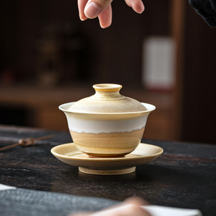 窑变沙漠黄三才盖碗泡茶碗大号带盖单个茶艺茶杯陶瓷功夫茶具家用