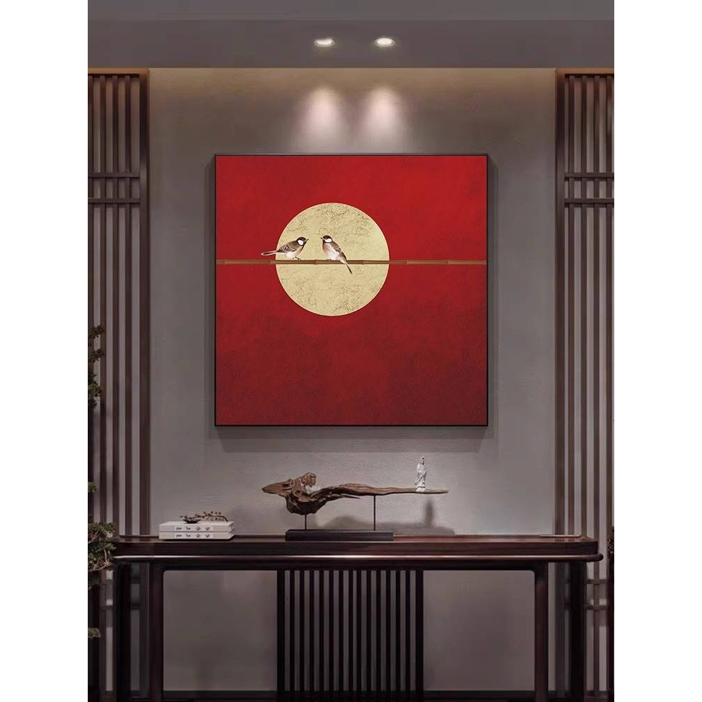 新中式禅意玄关装饰画极简抽象小鸟茶室客厅壁画轻奢餐厅方形挂画图片