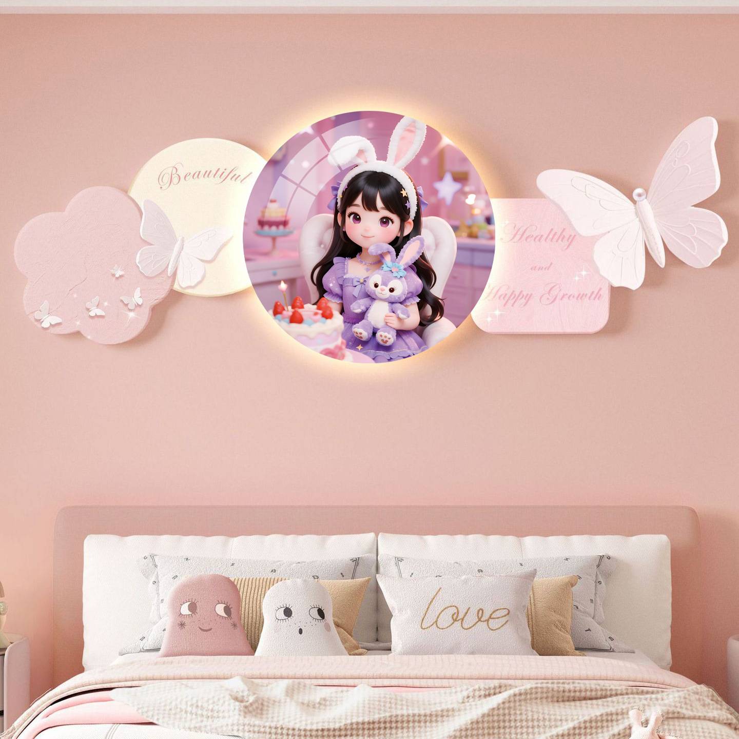 奶油风女孩房间卧室装饰画卡通灯画儿童房壁画蝴蝶床头带灯挂画图片