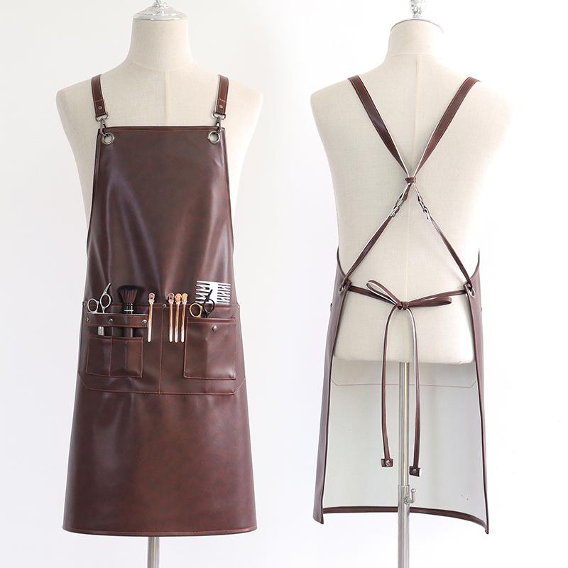 PU皮革防围裙疯马皮家厨房围厅腰705餐工用作服水围裙印字