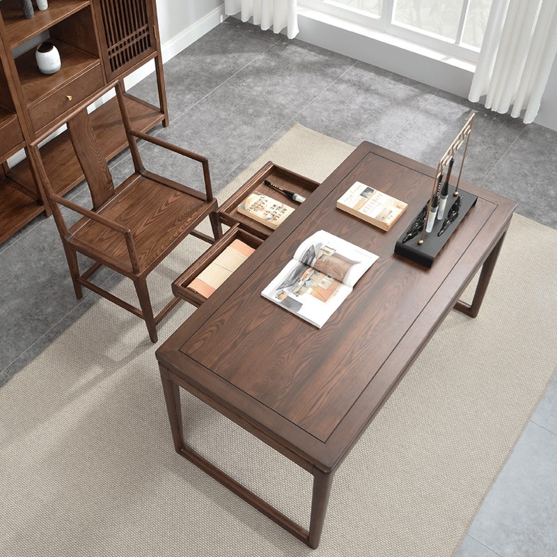 新中式书桌书法桌书画桌老榆木书B桌书房仿古明式书桌带抽屉写字