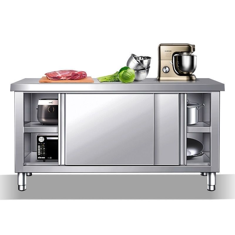 厨房操作台不锈钢工作p台面储物柜切菜桌子带拉门案板商用专用饭