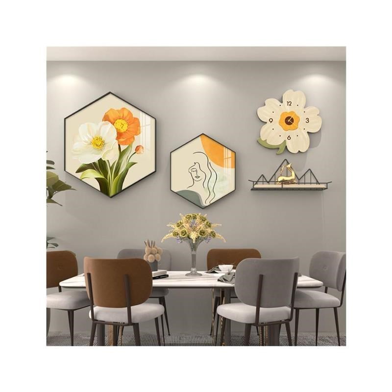 晶瓷餐厅装饰画小清新组合挂画创意花朵挂钟饭R厅背景墙面六边壁
