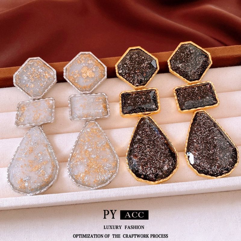 耳钉中古树脂银针设计感褶皱小众女复古耳饰vintage耳环水滴百搭