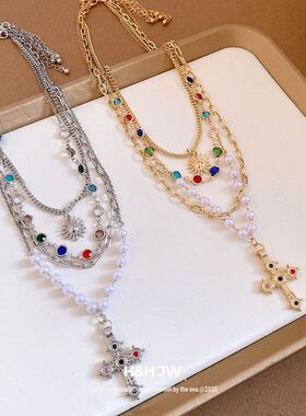 choker珍珠时尚链轻奢太阳项饰项链十字架串珠高级感吊坠锁骨镶钻