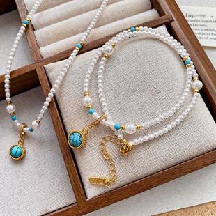 锁骨女轻奢小众松石玻璃天然串珠高级珍珠蓝色项链新款配饰气质链