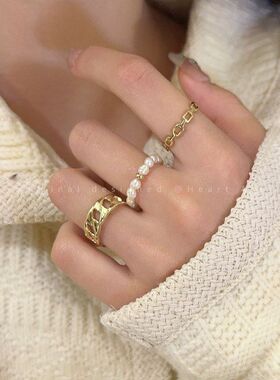 戒指珍珠时尚食指高级感链条网