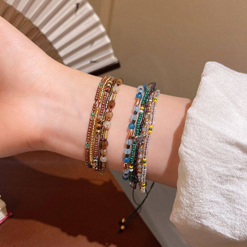 女轻奢手饰叠戴复古美拉德手链高级感多层气质串珠小众手串民族风