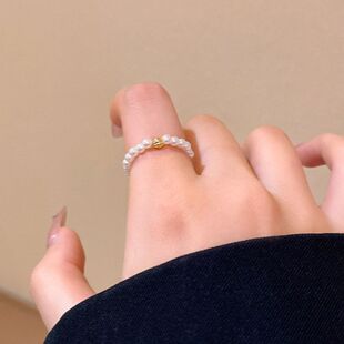 食指戴珍珠韩版绳手饰百搭时尚网戒串珠女简约戒指小金珠红叠弹力