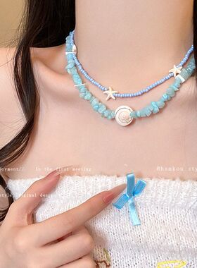 度假风海边蓝色串珠海星项链饰品