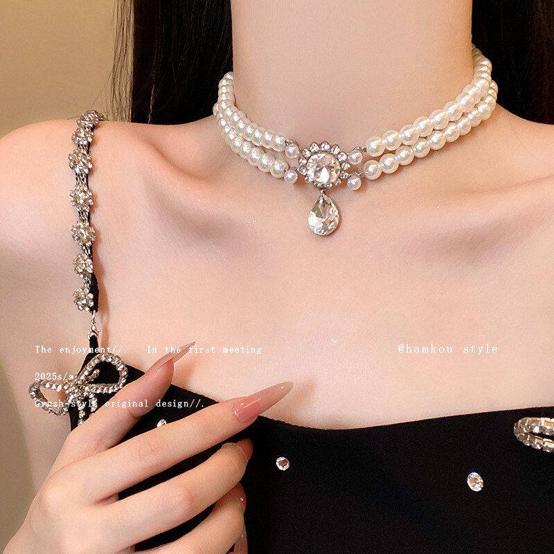 礼服气质颈链玻璃夸张镶钻双层锁骨珍珠项链高级感生日轻奢小众链