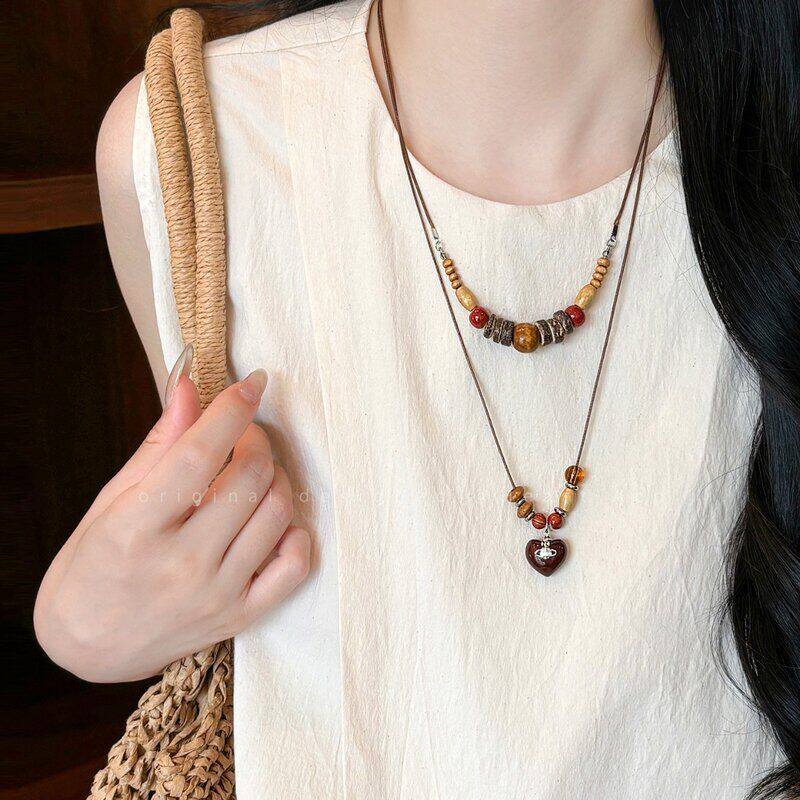 女小众复古配饰木质百搭时尚毛衣链设计感长款民族风项链串珠吊坠
