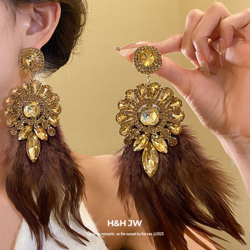 耳饰圆形银针羽毛中古耳钉高级感耳环vintage镶钻方形轻奢女流苏