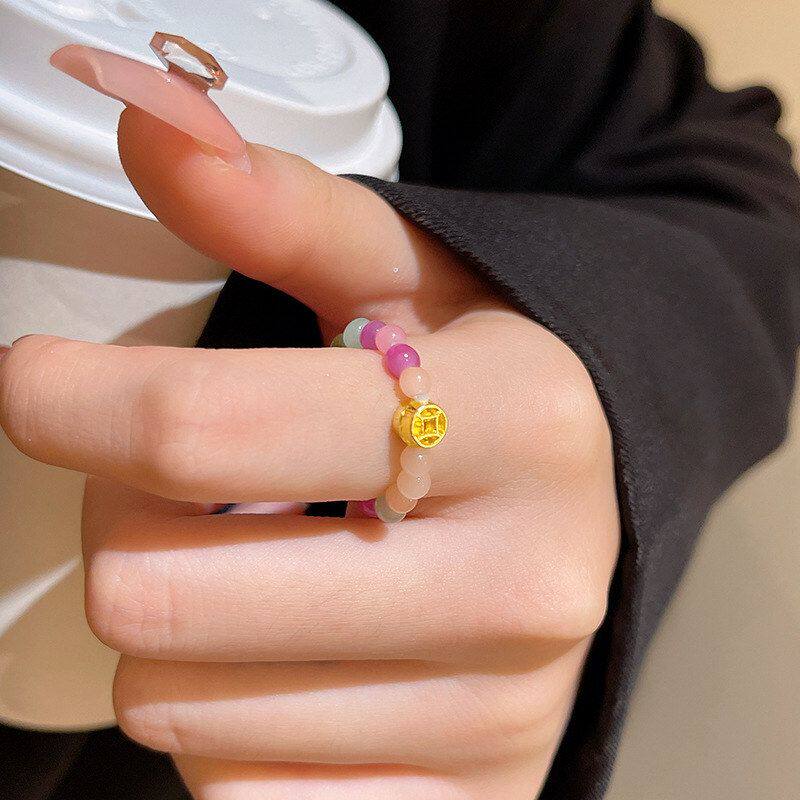 高级感绳戒指闭口碧玺彩色食指女轻戒串珠奢小众弹力铜钱指环戒子
