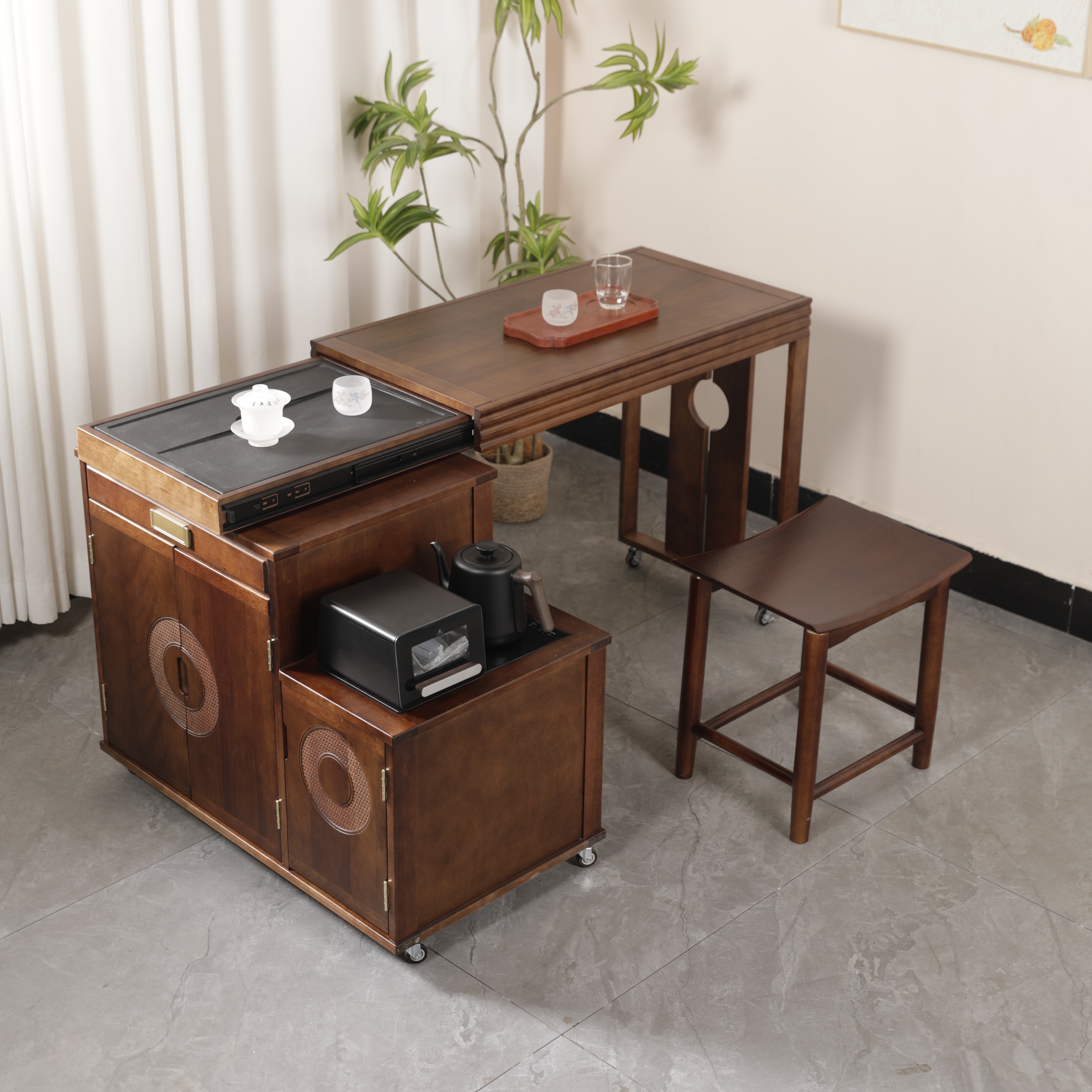 胡桃木旋转泡茶桌移动茶几