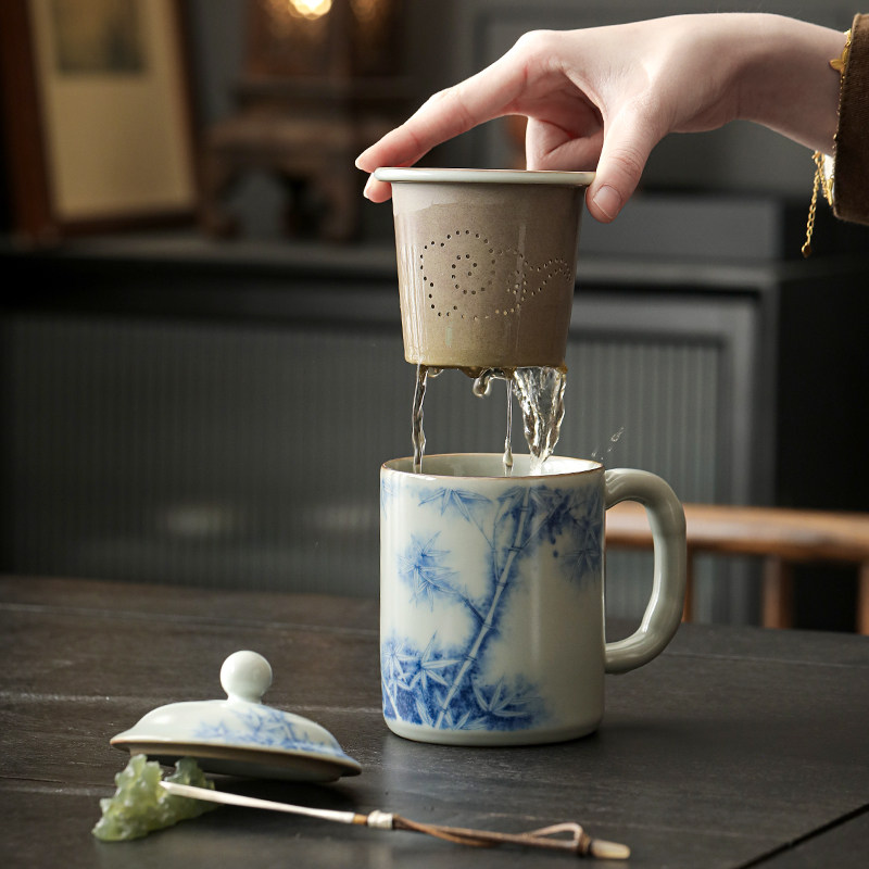 青花汝窑茶杯陶瓷茶水分离杯个人专用高档办公水杯带盖过滤泡茶杯
