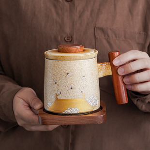 仙鹤宫廷茶水分离陶瓷办公杯办公室便捷泡茶杯家用带盖复古马克杯