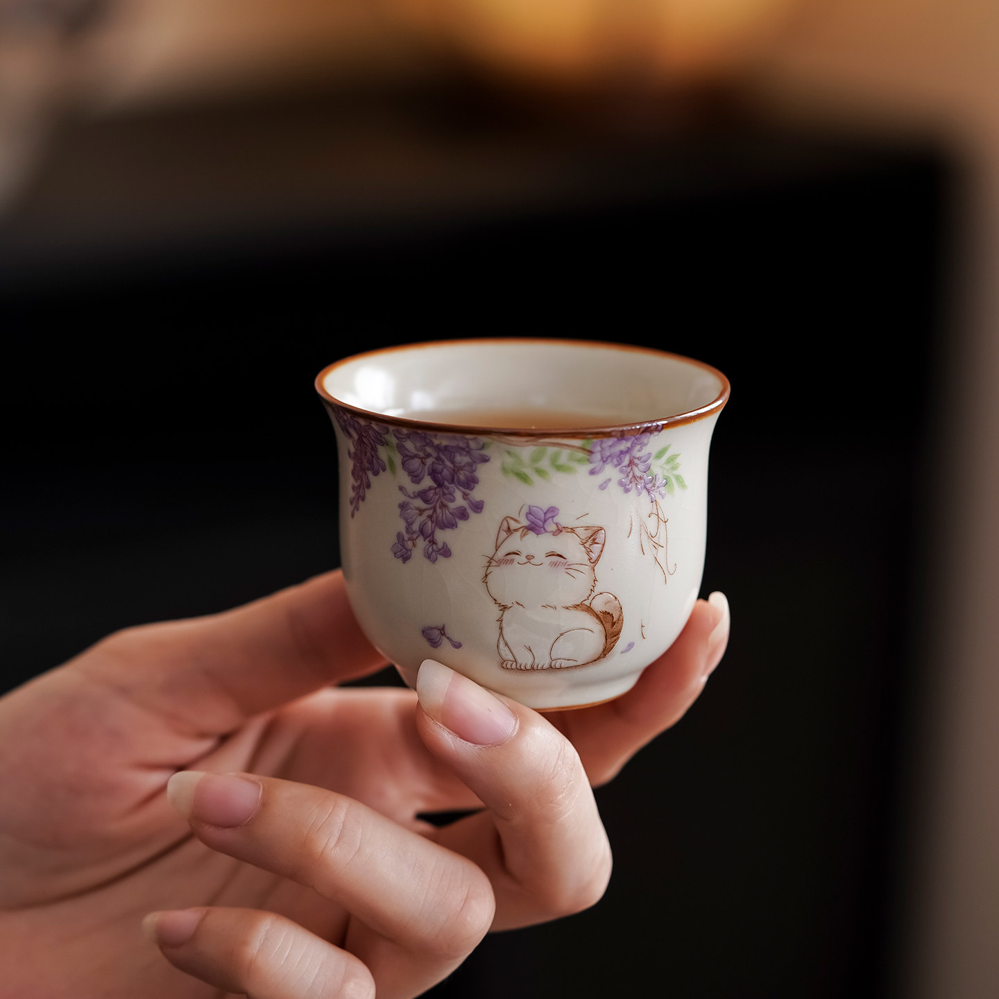米黄汝窑紫藤花猫咪茶杯个人专用喝茶杯子家用陶瓷功夫茶具品茗杯,餐饮具,茶杯,淘宝优惠券,粉丝福利购,淘宝优惠卷