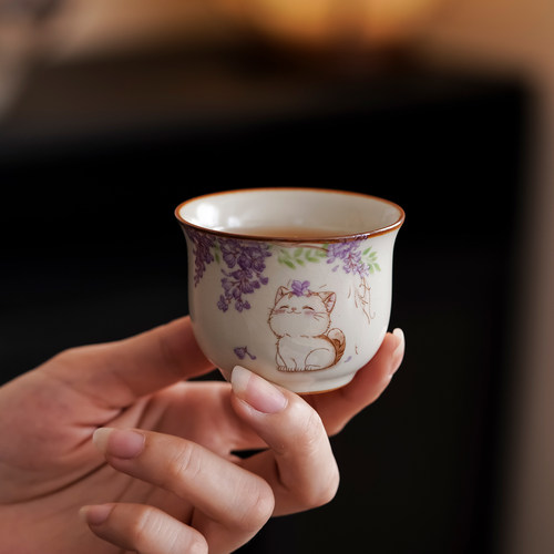 米黄汝窑紫藤花猫咪茶杯