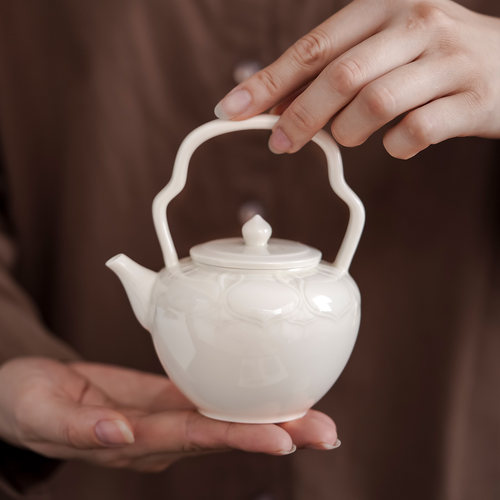 定窑白陶瓷莲韵提梁壶茶壶家用