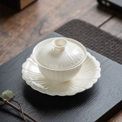仿宋定窑白三才盖碗陶瓷茶杯不烫手茶盖碗家用大容量泡茶专用茶碗
