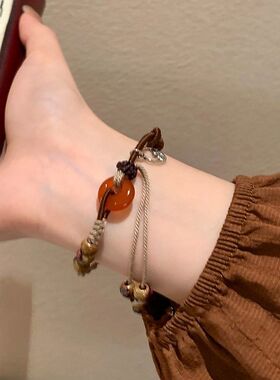 美拉德色系平安扣串珠手链复古新中式百搭精致可调节可抽拉手饰