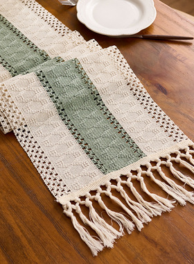 鼠尾草绿色棉织桌旗流苏镂空打结波西米亚风农舍厨房餐桌装饰桌布