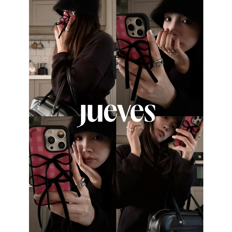 【赵今麦同款】JUEVES星期四粉格黑丝绒绑带手机壳15promax蝴蝶结14pm苹果15pro软壳17全包15pm原创16promax