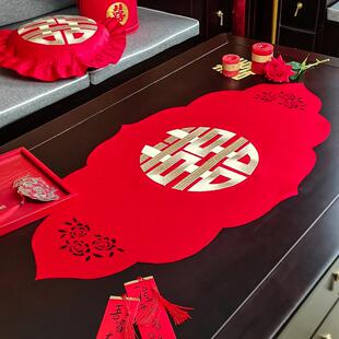 饰喜庆餐桌布刺绣喜字茶几桌布新中式 桌旗红色结婚装 婚礼餐桌垫布