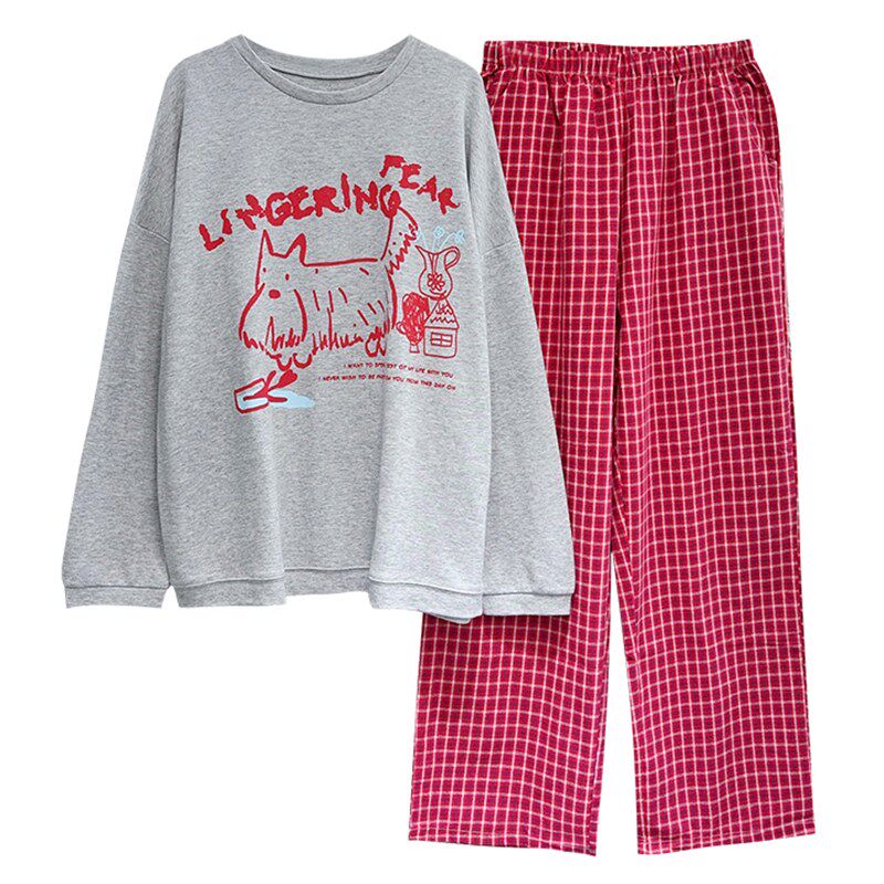 卡通小狗韩版睡衣女长袖秋冬加厚纯棉甜美可爱S休闲可外穿家居服