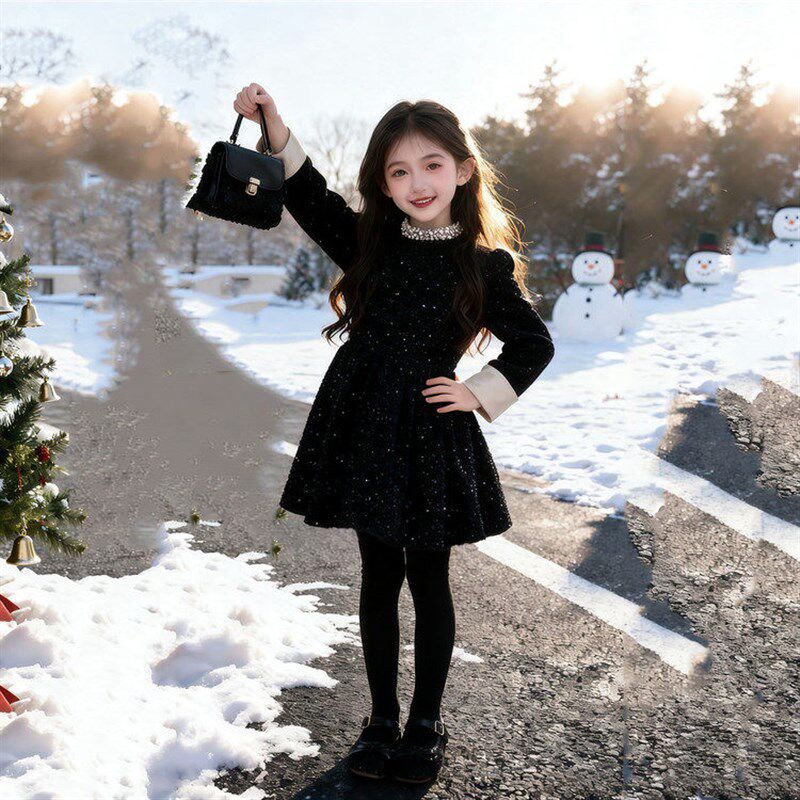 2025冬季新款女孩加厚丝绒连衣裙女童红色过年年服圣诞Z表演礼服