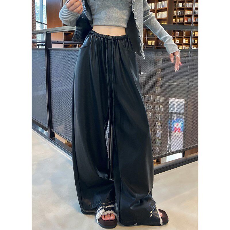 黑色皮裤阔腿裤女2024秋u冬新款哑光PU皮磨毛休闲裤宽松直筒拖地
