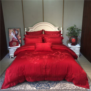 高端140支匹马棉刺绣四件套全棉大红I色婚庆龙凤结婚被套新婚床品