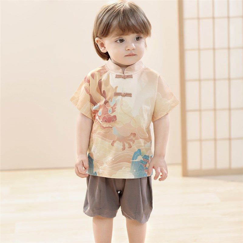 儿童套装夏季薄款国风汉服龙宝宝周岁礼服M夏天短袖两件套男童衣