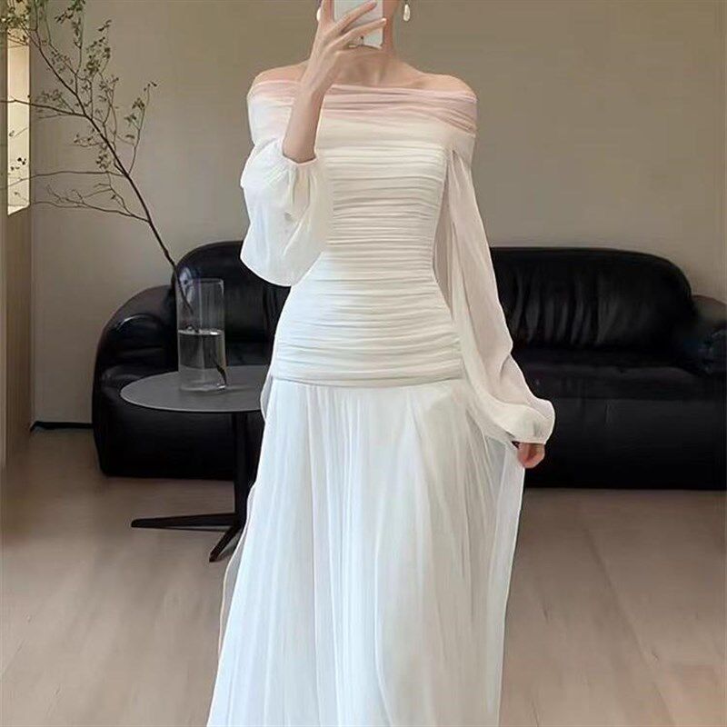 法式白色一字肩长袖新娘s超仙晨袍结婚迎宾出门轻婚纱简约晚礼服