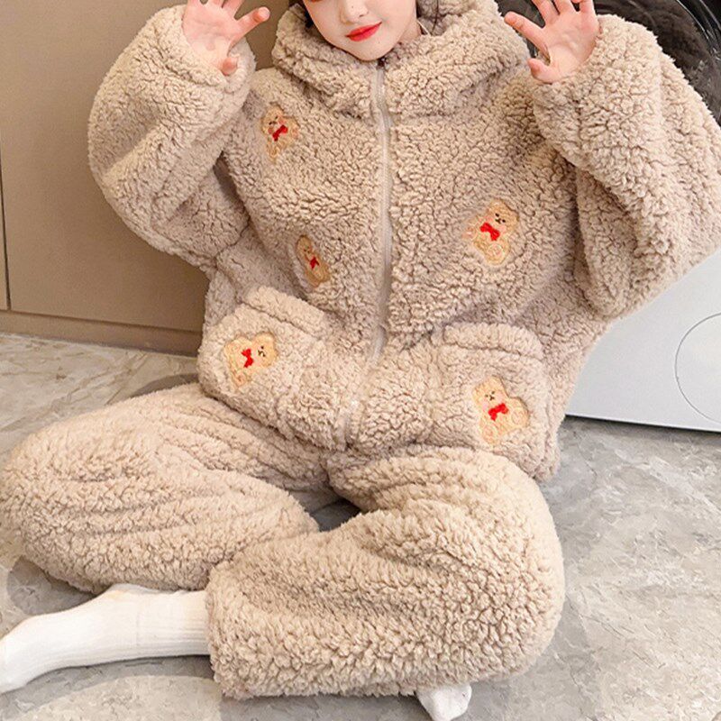 加厚款小个子f冬季睡衣女145珊瑚绒开衫拉链家居服加绒两件套150c