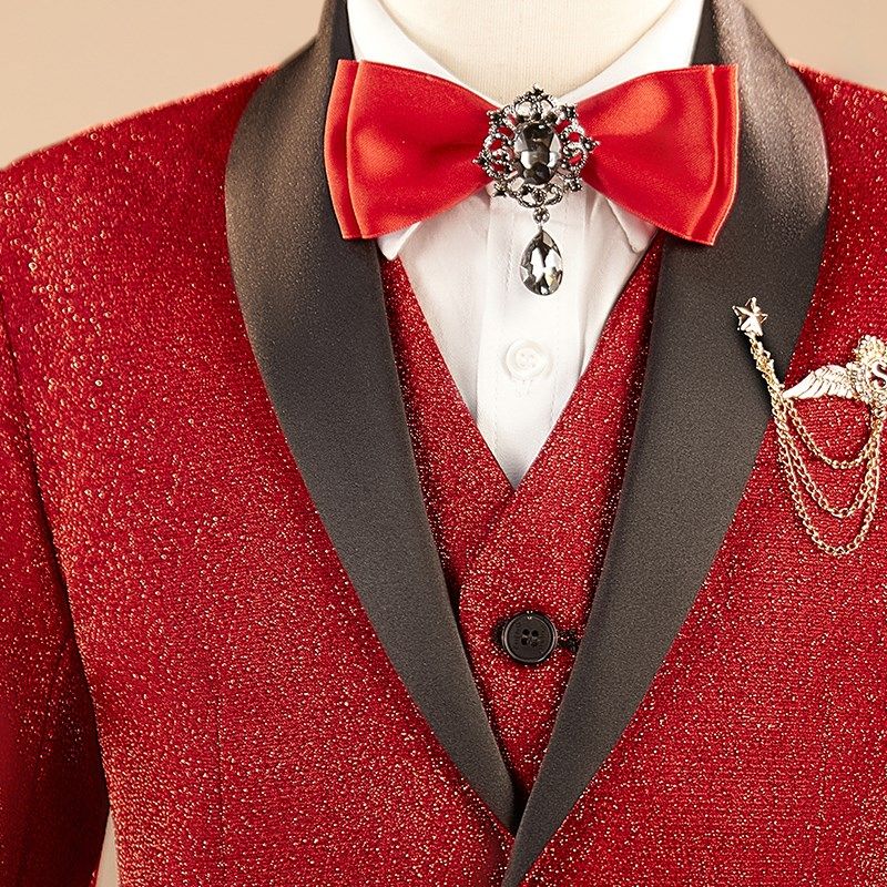 男童西装套装舞台晚会主持人x儿童礼服走秀钢琴演出服红色亮片高