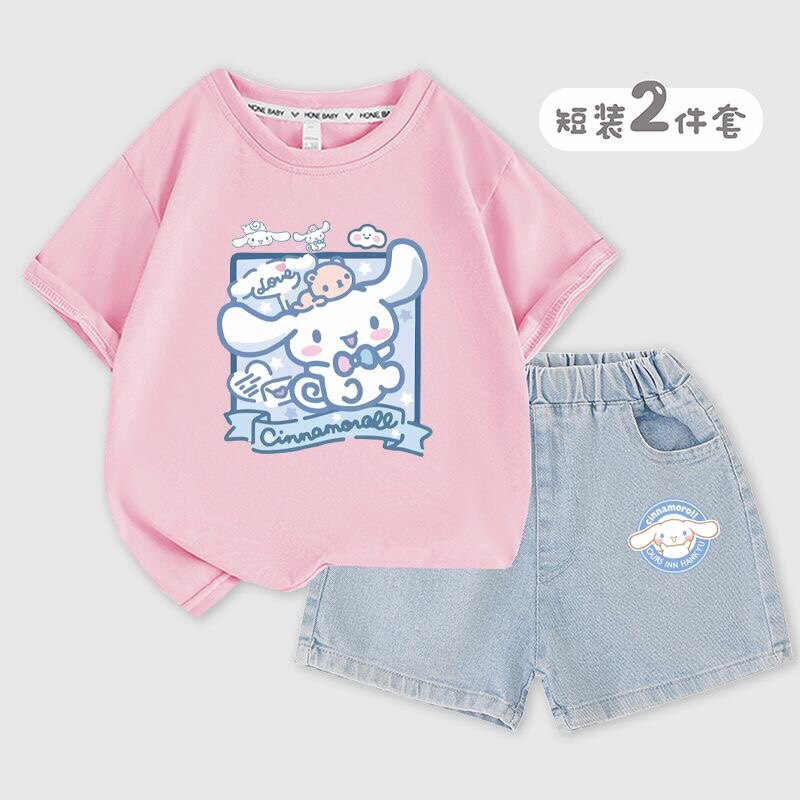 女童玉桂a狗短袖休闲套装夏季2023新款中大童牛仔短裤夏装儿童衣